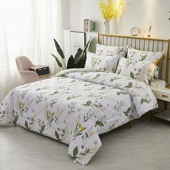 Daisy Floral Comforter Set, King Size Cotton Fabric Lightweight Summer Quilt Printed Bedding Microfiber Filled Soft Daisy Botanical Green Leaves Down Reversible Bedding 3 Pcs