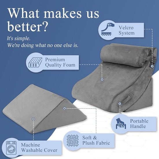 4PCS Orthopedic Bed Wedge Pillow Set, Post Surgery Foam for Back, Neck and Leg Pain Relief Comfortable & Adjustable Ortho Pillows- Anti Snoring, Heartburn, Acid Reflux & GERD Sleeping Grey