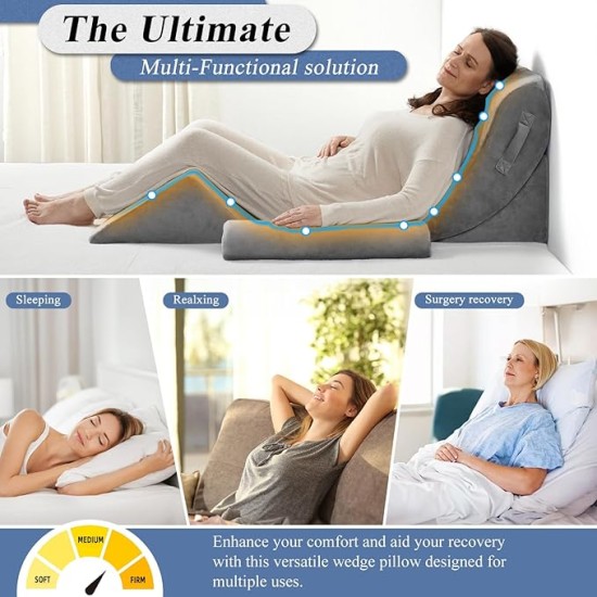 4PCS Orthopedic Bed Wedge Pillow Set, Post Surgery Foam for Back, Neck and Leg Pain Relief Comfortable & Adjustable Ortho Pillows- Anti Snoring, Heartburn, Acid Reflux & GERD Sleeping Grey