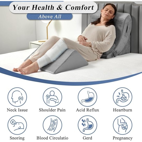 4PCS Orthopedic Bed Wedge Pillow Set, Post Surgery Foam for Back, Neck and Leg Pain Relief Comfortable & Adjustable Ortho Pillows- Anti Snoring, Heartburn, Acid Reflux & GERD Sleeping Grey