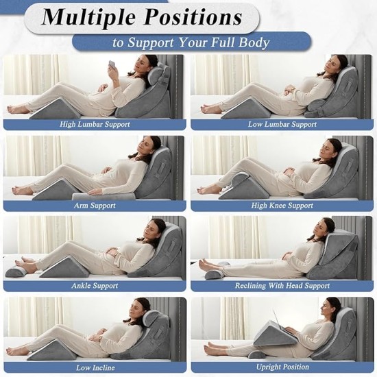 4PCS Orthopedic Bed Wedge Pillow Set, Post Surgery Foam for Back, Neck and Leg Pain Relief Comfortable & Adjustable Ortho Pillows- Anti Snoring, Heartburn, Acid Reflux & GERD Sleeping Grey
