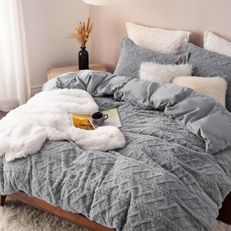 Fluffy Comforter Cover Set - Faux Fur Duvet Cover Queen Size, Grey Plush Quilt Cover, 3 Pieces,1 Duvet Cover (90"x90") with Zipper Closure & 2 Pillow Shams, Comforter Not Included