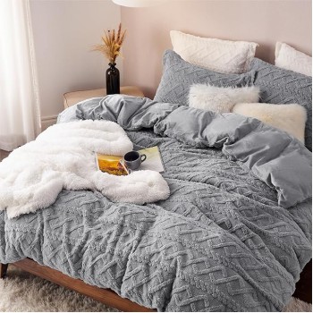 Fluffy Comforter Cover Set - Faux Fur Duvet Cover Queen Size, Grey Plush Quilt Cover, 3 Pieces,1 Duvet Cover (90"x90") with Zipper Closure & 2 Pillow Shams, Comforter Not Included
