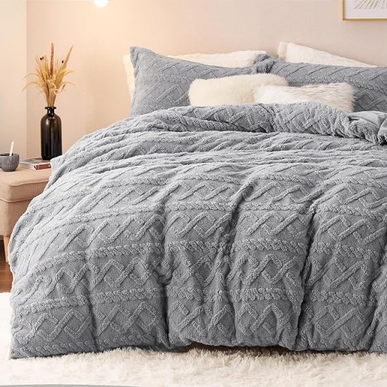 Fluffy Comforter Cover Set - Faux Fur Duvet Cover Queen Size, Grey Plush Quilt Cover, 3 Pieces,1 Duvet Cover (90"x90") with Zipper Closure & 2 Pillow Shams, Comforter Not Included
