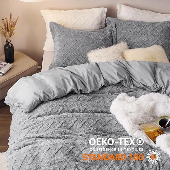 Fluffy Comforter Cover Set - Faux Fur Duvet Cover Queen Size, Grey Plush Quilt Cover, 3 Pieces,1 Duvet Cover (90"x90") with Zipper Closure & 2 Pillow Shams, Comforter Not Included