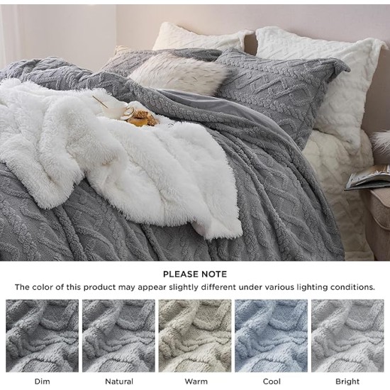 Fluffy Comforter Cover Set - Faux Fur Duvet Cover Queen Size, Grey Plush Quilt Cover, 3 Pieces,1 Duvet Cover (90"x90") with Zipper Closure & 2 Pillow Shams, Comforter Not Included