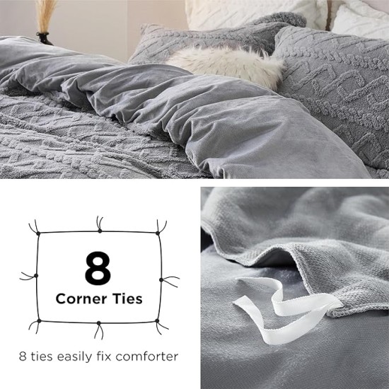Fluffy Comforter Cover Set - Faux Fur Duvet Cover Queen Size, Grey Plush Quilt Cover, 3 Pieces,1 Duvet Cover (90"x90") with Zipper Closure & 2 Pillow Shams, Comforter Not Included