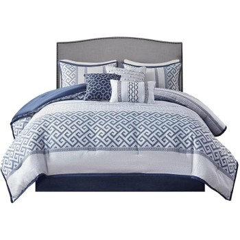 Luxury Comforter Set-Traditional Jacquard Design All Season Down Alternative Bedding, Matching Bedskirt, Decorative Pillows, King(104"x92"), Bennett, Geometric Navy 7 Piece