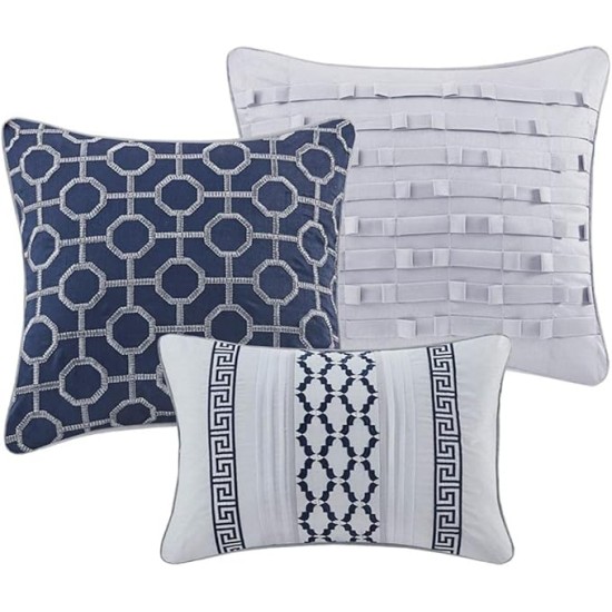 Luxury Comforter Set-Traditional Jacquard Design All Season Down Alternative Bedding, Matching Bedskirt, Decorative Pillows, King(104"x92"), Bennett, Geometric Navy 7 Piece