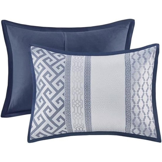 Luxury Comforter Set-Traditional Jacquard Design All Season Down Alternative Bedding, Matching Bedskirt, Decorative Pillows, King(104"x92"), Bennett, Geometric Navy 7 Piece