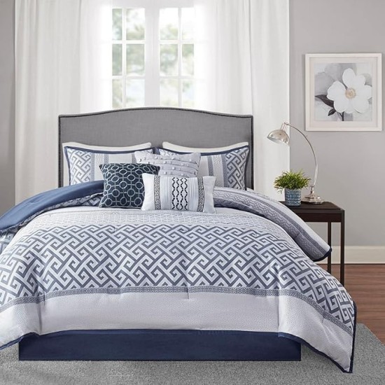 Luxury Comforter Set-Traditional Jacquard Design All Season Down Alternative Bedding, Matching Bedskirt, Decorative Pillows, King(104"x92"), Bennett, Geometric Navy 7 Piece