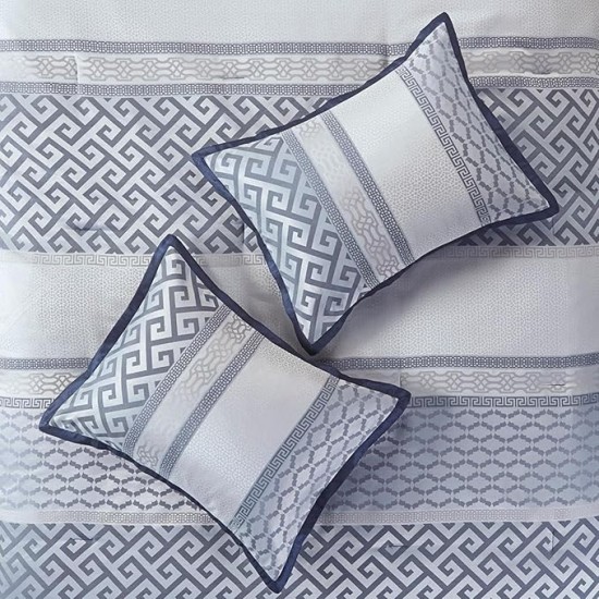Luxury Comforter Set-Traditional Jacquard Design All Season Down Alternative Bedding, Matching Bedskirt, Decorative Pillows, King(104"x92"), Bennett, Geometric Navy 7 Piece