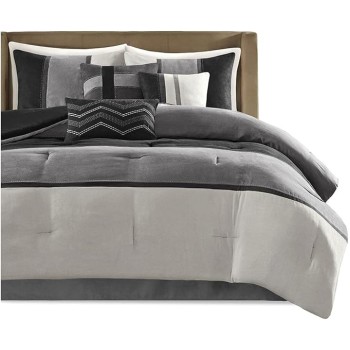 Palisades Comforter Set Modern Faux Suede Pieced Stripe Design, All Season Down Alternative Cozy Bedding with Matching Shams, Decorative Pillows, Queen(90"x90"), Black 7 Piece