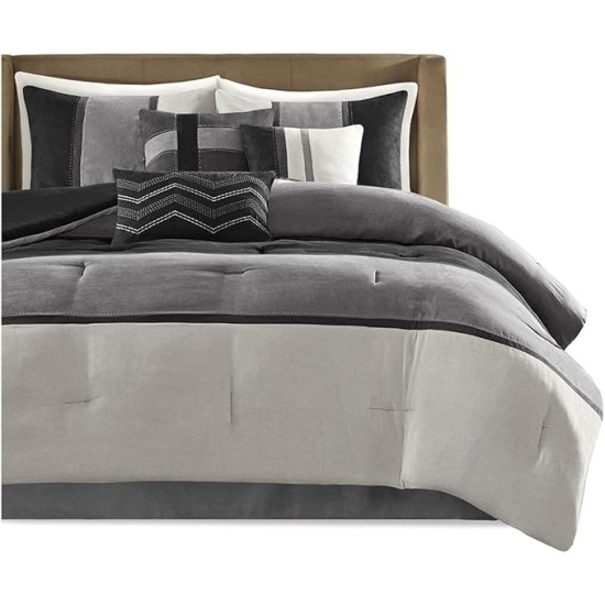 Palisades Comforter Set Modern Faux Suede Pieced Stripe Design, All Season Down Alternative Cozy Bedding with Matching Shams, Decorative Pillows, Queen(90"x90"), Black 7 Piece