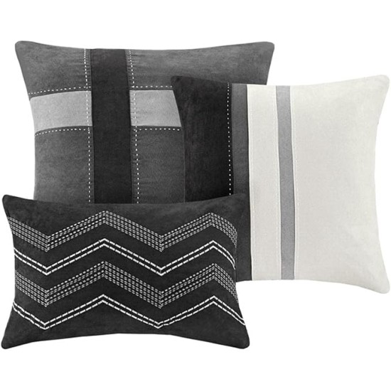 Palisades Comforter Set Modern Faux Suede Pieced Stripe Design, All Season Down Alternative Cozy Bedding with Matching Shams, Decorative Pillows, Queen(90"x90"), Black 7 Piece