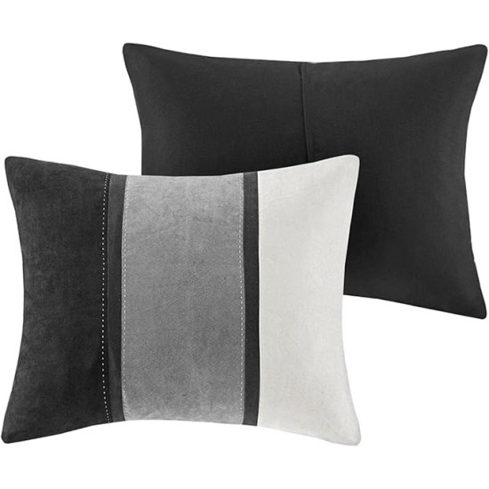 Palisades Comforter Set Modern Faux Suede Pieced Stripe Design, All Season Down Alternative Cozy Bedding with Matching Shams, Decorative Pillows, Queen(90"x90"), Black 7 Piece