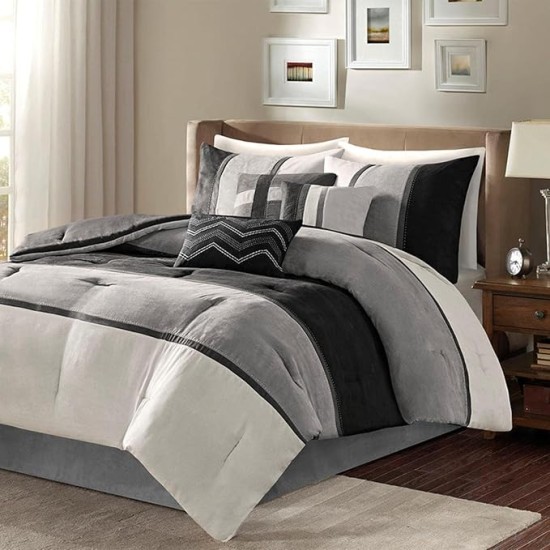Palisades Comforter Set Modern Faux Suede Pieced Stripe Design, All Season Down Alternative Cozy Bedding with Matching Shams, Decorative Pillows, Queen(90"x90"), Black 7 Piece