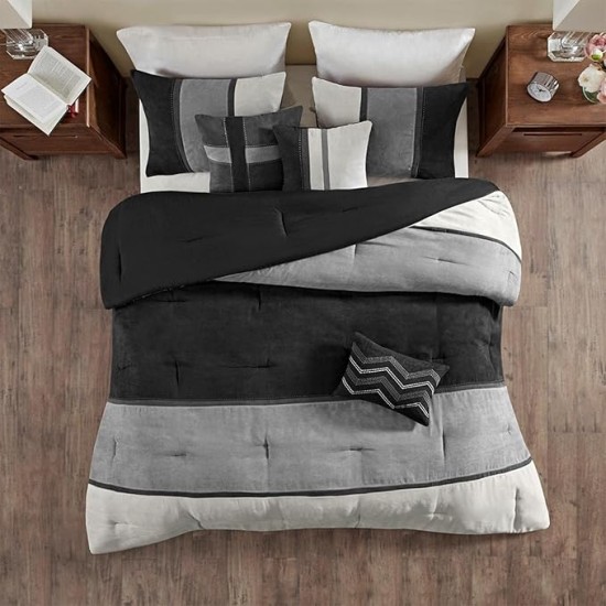 Palisades Comforter Set Modern Faux Suede Pieced Stripe Design, All Season Down Alternative Cozy Bedding with Matching Shams, Decorative Pillows, Queen(90"x90"), Black 7 Piece