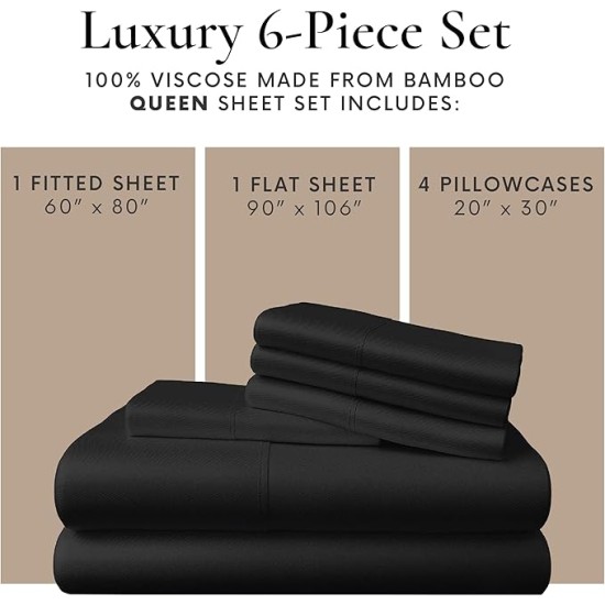 6 Piece Queen Sheet Set - 100% Viscose Made from Bamboo Sheets Queen Size Bed Set - Ultra Soft Cooling Sheets for Hot Sleepers - Breathable Queen Sheets Fits Up to 16'' Deep Pocket - Black