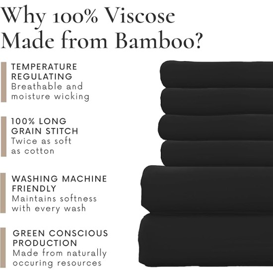 6 Piece Queen Sheet Set - 100% Viscose Made from Bamboo Sheets Queen Size Bed Set - Ultra Soft Cooling Sheets for Hot Sleepers - Breathable Queen Sheets Fits Up to 16'' Deep Pocket - Black