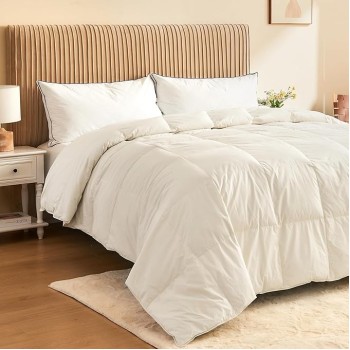 Organic Cotton Feather Comforter, All Season Duvet Insert Twin Size, 100% Pure Natural Cotton Cover Breathable Fluffy Feather Comforter with Corner Ties (Beige, 68"x90")
