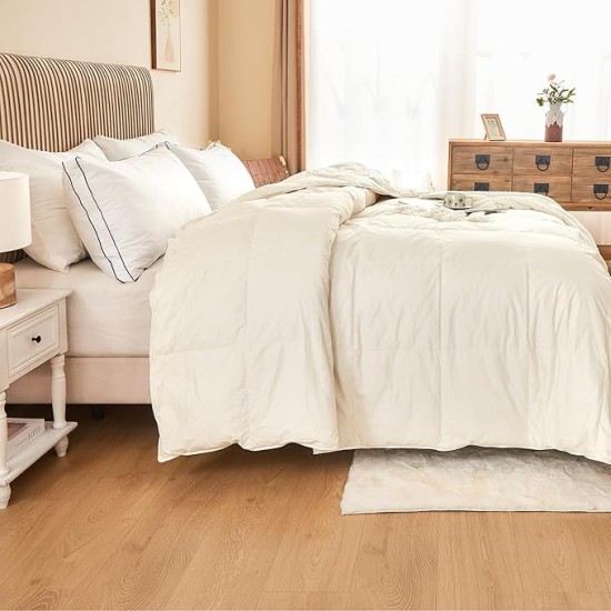 Organic Cotton Feather Comforter, All Season Duvet Insert Twin Size, 100% Pure Natural Cotton Cover Breathable Fluffy Feather Comforter with Corner Ties (Beige, 68"x90")