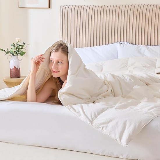 Organic Cotton Feather Comforter, All Season Duvet Insert Twin Size, 100% Pure Natural Cotton Cover Breathable Fluffy Feather Comforter with Corner Ties (Beige, 68"x90")