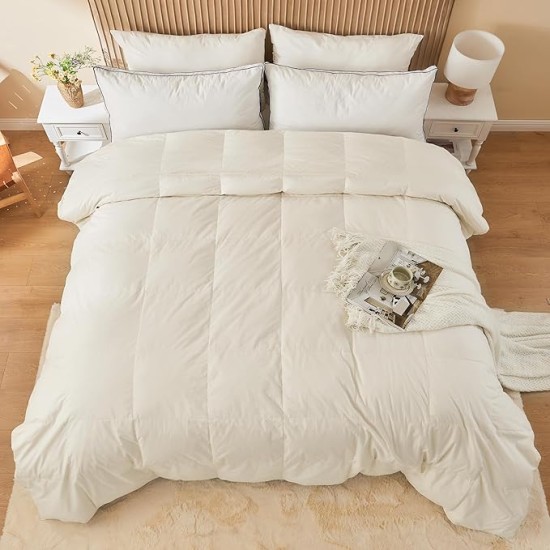 Organic Cotton Feather Comforter, All Season Duvet Insert Twin Size, 100% Pure Natural Cotton Cover Breathable Fluffy Feather Comforter with Corner Ties (Beige, 68"x90")