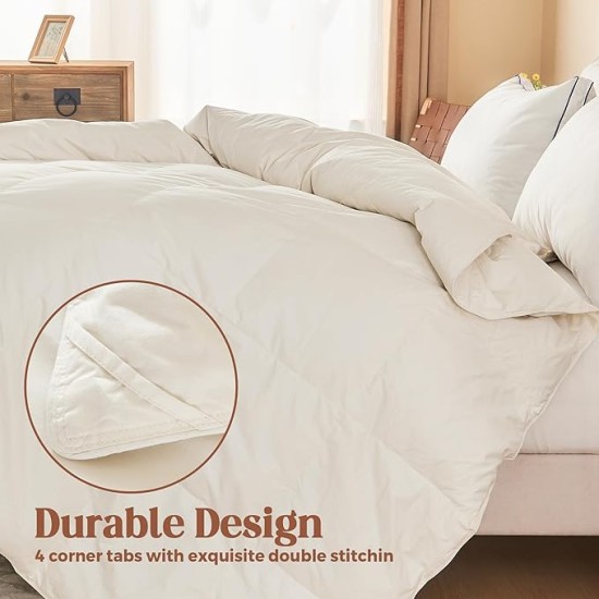 Organic Cotton Feather Comforter, All Season Duvet Insert Twin Size, 100% Pure Natural Cotton Cover Breathable Fluffy Feather Comforter with Corner Ties (Beige, 68"x90")