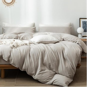 Bedding Duvet Cover Set 100% Washed Cotton Linen Like Textured Breathable Durable Soft Comfy (Cream Grey, Oversized King)