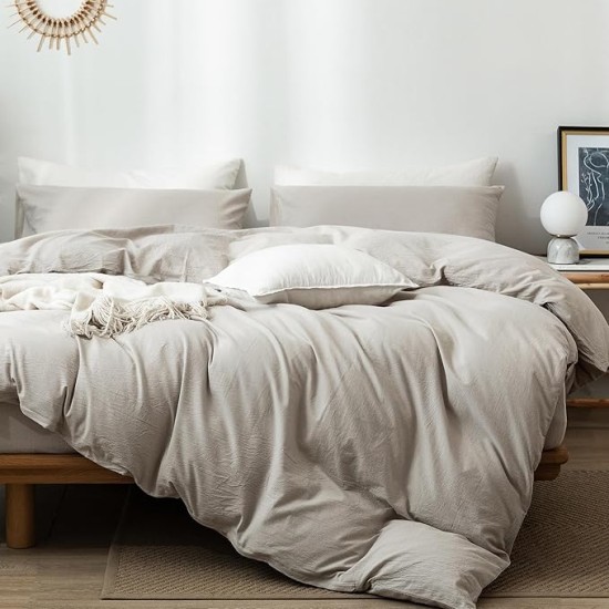 Bedding Duvet Cover Set 100% Washed Cotton Linen Like Textured Breathable Durable Soft Comfy (Cream Grey, Oversized King)