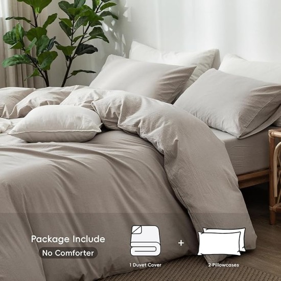 Bedding Duvet Cover Set 100% Washed Cotton Linen Like Textured Breathable Durable Soft Comfy (Cream Grey, Oversized King)
