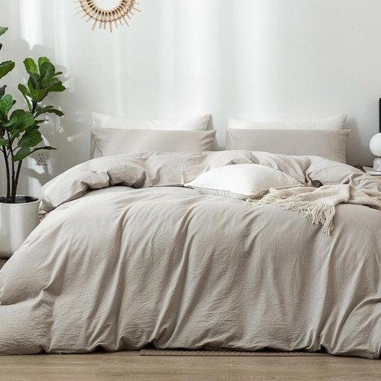 Bedding Duvet Cover Set 100% Washed Cotton Linen Like Textured Breathable Durable Soft Comfy (Cream Grey, Oversized King)
