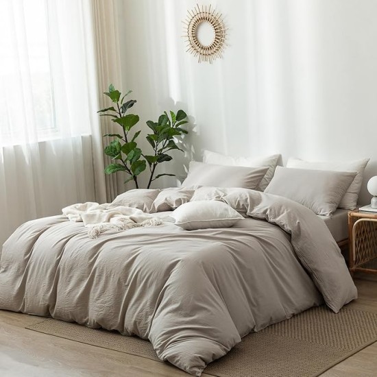 Bedding Duvet Cover Set 100% Washed Cotton Linen Like Textured Breathable Durable Soft Comfy (Cream Grey, Oversized King)