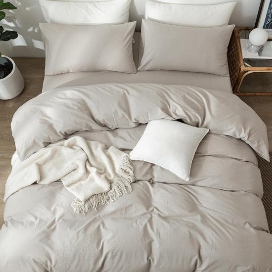 Bedding Duvet Cover Set 100% Washed Cotton Linen Like Textured Breathable Durable Soft Comfy (Cream Grey, Oversized King)