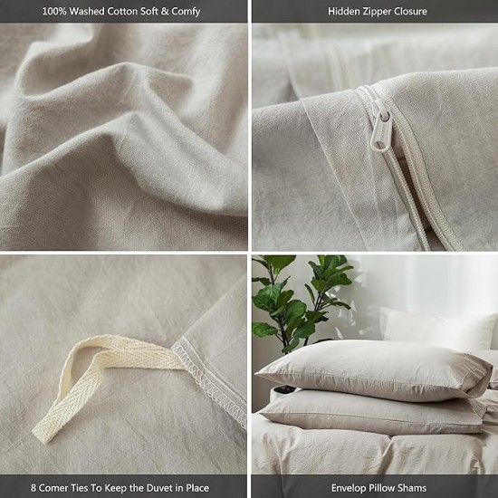 Bedding Duvet Cover Set 100% Washed Cotton Linen Like Textured Breathable Durable Soft Comfy (Cream Grey, Oversized King)