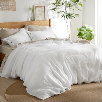 Linen Duvet Cover Queen - Linen Cotton Blend Duvet Cover Set, White Linen Duvet, 3 Pieces, 1 Duvet Cover 90 x 90 Inches and 2 Pillowcases, Comforter Sold Separately