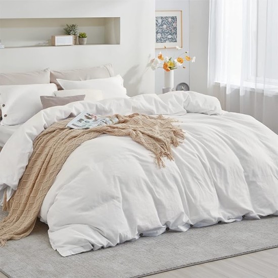 Linen Duvet Cover Queen - Linen Cotton Blend Duvet Cover Set, White Linen Duvet, 3 Pieces, 1 Duvet Cover 90 x 90 Inches and 2 Pillowcases, Comforter Sold Separately