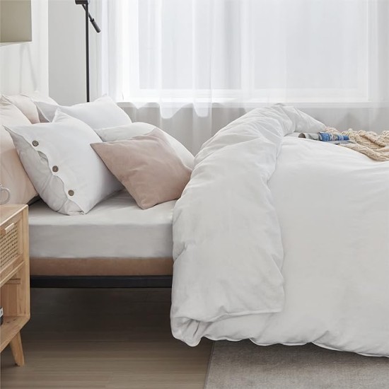 Linen Duvet Cover Queen - Linen Cotton Blend Duvet Cover Set, White Linen Duvet, 3 Pieces, 1 Duvet Cover 90 x 90 Inches and 2 Pillowcases, Comforter Sold Separately