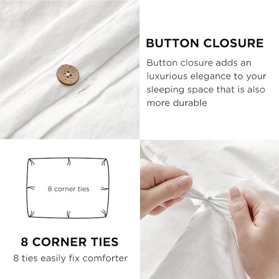 Linen Duvet Cover Queen - Linen Cotton Blend Duvet Cover Set, White Linen Duvet, 3 Pieces, 1 Duvet Cover 90 x 90 Inches and 2 Pillowcases, Comforter Sold Separately