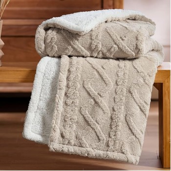 Sherpa Throw Blanket for Couch Sofa - Fuzzy Soft Cozy Blanket for Bed, Fleece Thick Warm Blanket for Winter, Beige, 50x60 Inches