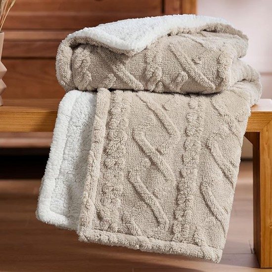 Sherpa Throw Blanket for Couch Sofa - Fuzzy Soft Cozy Blanket for Bed, Fleece Thick Warm Blanket for Winter, Beige, 50x60 Inches