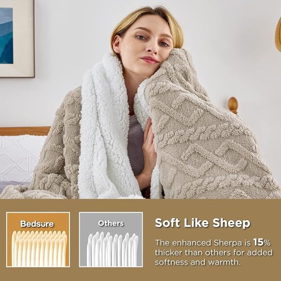 Sherpa Throw Blanket for Couch Sofa - Fuzzy Soft Cozy Blanket for Bed, Fleece Thick Warm Blanket for Winter, Beige, 50x60 Inches