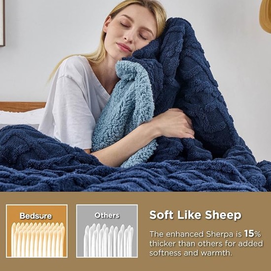 Sherpa Throw Blanket for Couch Sofa - Fuzzy Soft Cozy Blanket for Bed, Fleece Thick Warm Blanket for Winter, Navy, 50x60 Inches