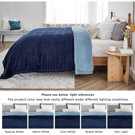 Sherpa Throw Blanket for Couch Sofa - Fuzzy Soft Cozy Blanket for Bed, Fleece Thick Warm Blanket for Winter, Navy, 50x60 Inches