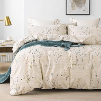 Cotton Duvet Cover Set - 100% Egyptian Cotton Cream Branch Print Bedding Set Queen Size - 1200 Thread Count Breathable and Textured Duvet Cover Set for All Seasons(Queen, 90x90'')