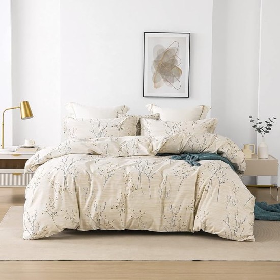 Cotton Duvet Cover Set - 100% Egyptian Cotton Cream Branch Print Bedding Set Queen Size - 1200 Thread Count Breathable and Textured Duvet Cover Set for All Seasons(Queen, 90x90'')
