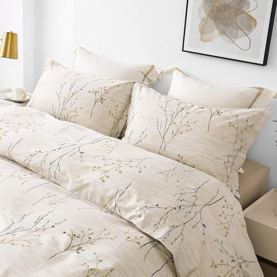 Cotton Duvet Cover Set - 100% Egyptian Cotton Cream Branch Print Bedding Set Queen Size - 1200 Thread Count Breathable and Textured Duvet Cover Set for All Seasons(Queen, 90x90'')