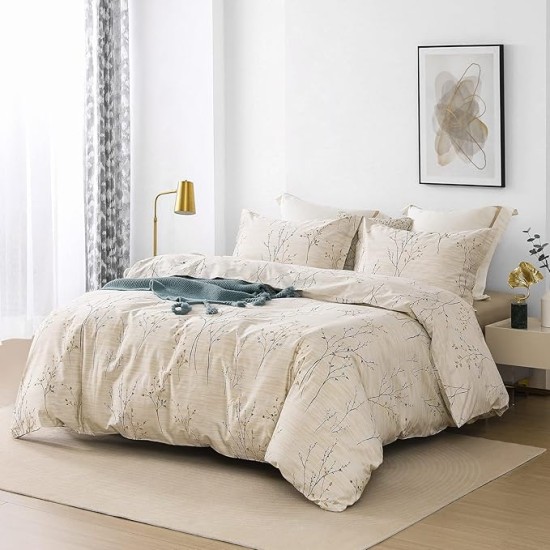 Cotton Duvet Cover Set - 100% Egyptian Cotton Cream Branch Print Bedding Set Queen Size - 1200 Thread Count Breathable and Textured Duvet Cover Set for All Seasons(Queen, 90x90'')