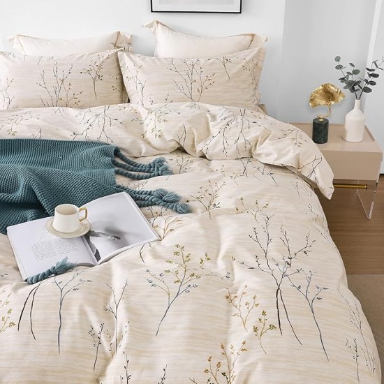 Cotton Duvet Cover Set - 100% Egyptian Cotton Cream Branch Print Bedding Set Queen Size - 1200 Thread Count Breathable and Textured Duvet Cover Set for All Seasons(Queen, 90x90'')